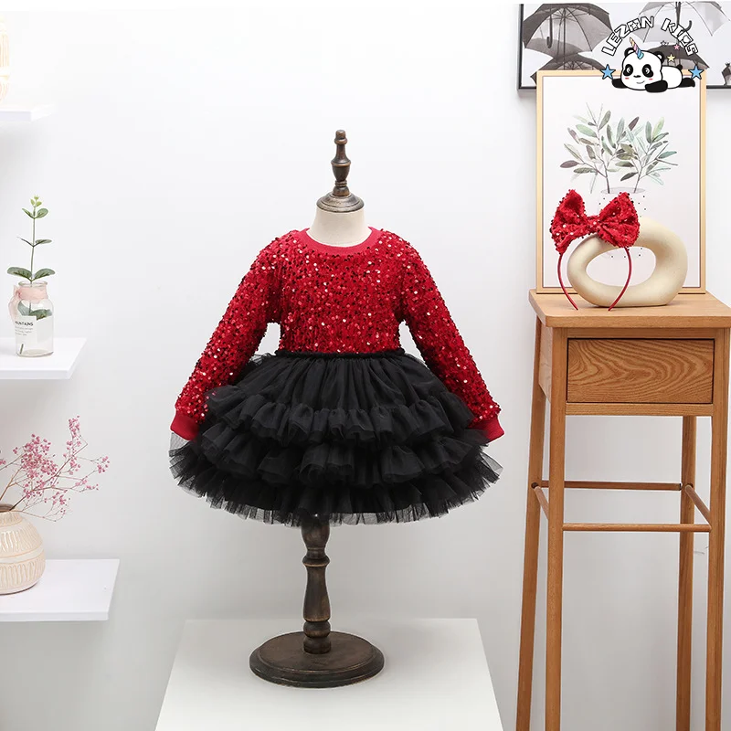 LEZONKIDS - Custom Comfortable Long Sleeve Red Velvet Girl Princess Dress Sequin Tulle Dress for Girls